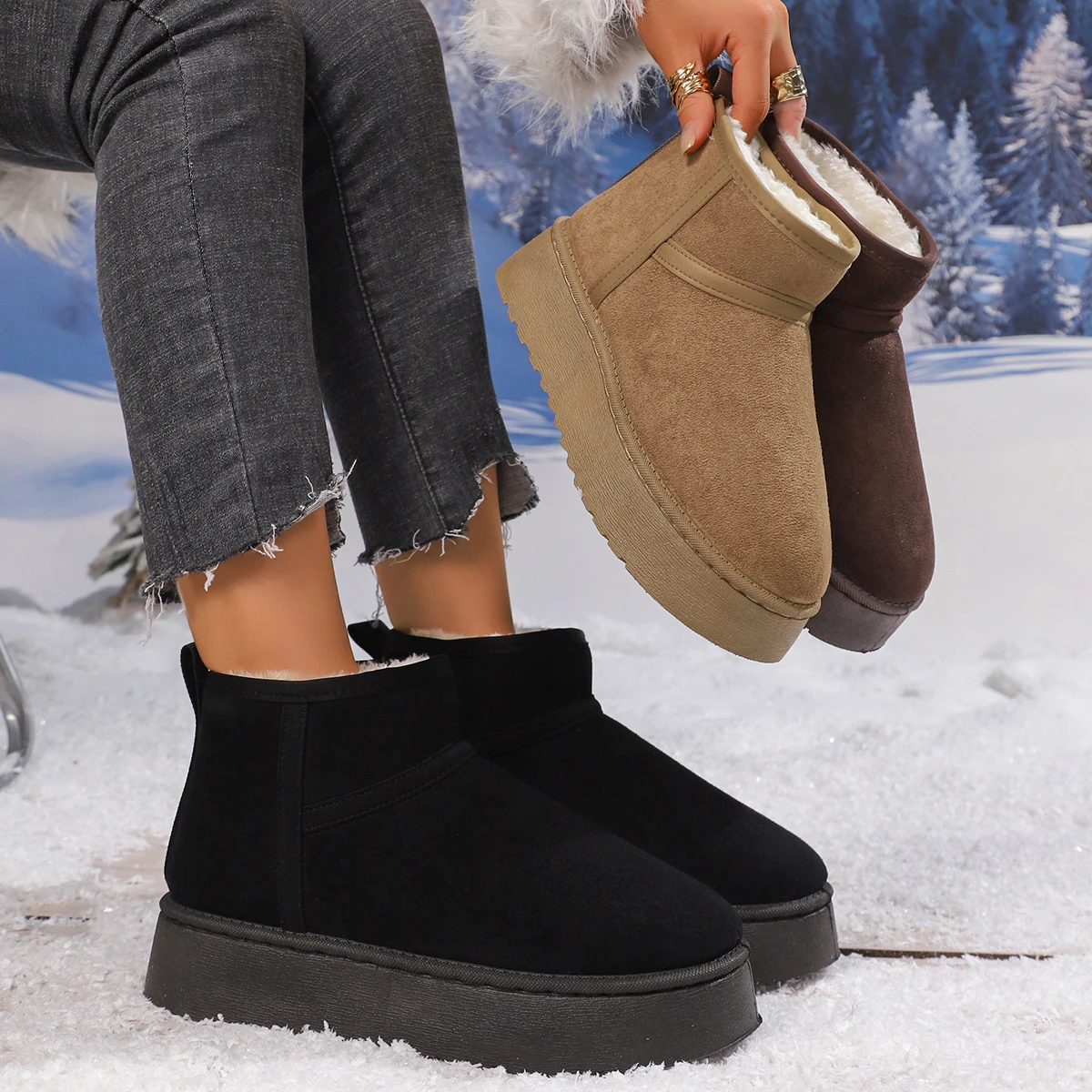 Designer 2026 Neue Winter Trendige Damen Schneestiefel aus Wildleder Modisch Gefüttert mit Plüsch Flach Warm und Bequem Damen Schneestiefel – Detail 2
