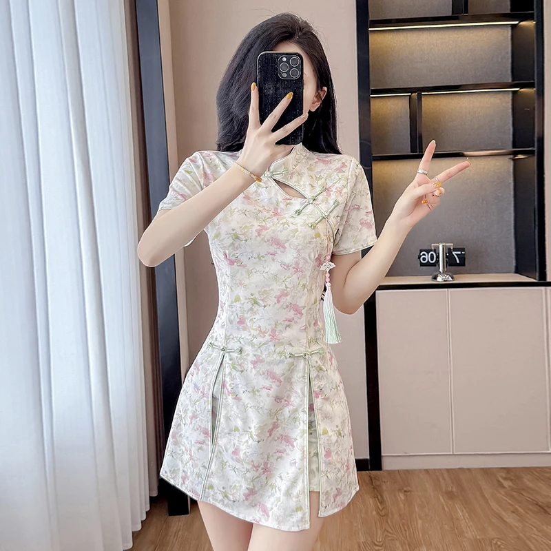 

Summer New Chinese Style Cheongsam Set - Floral Qipao Dress & Shorts 2-Piece Outfit for Women (S-2XL)