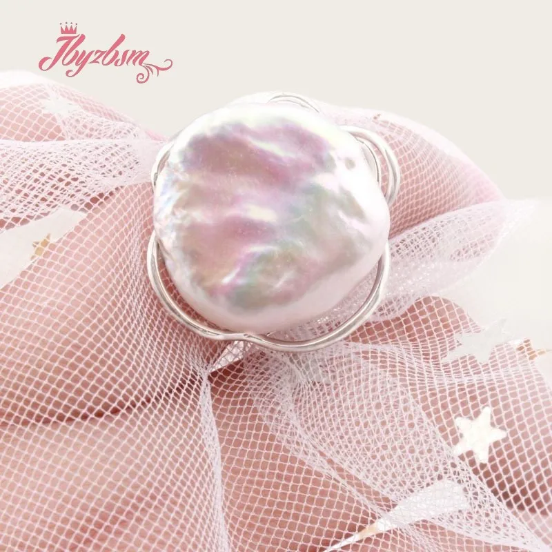 17-19mm Natutal Cultiured Freshwater Pearl Stone Beads For Women Fashion Style Gift Silver Plate Jewelry Adjustable Ring 1 Pcs