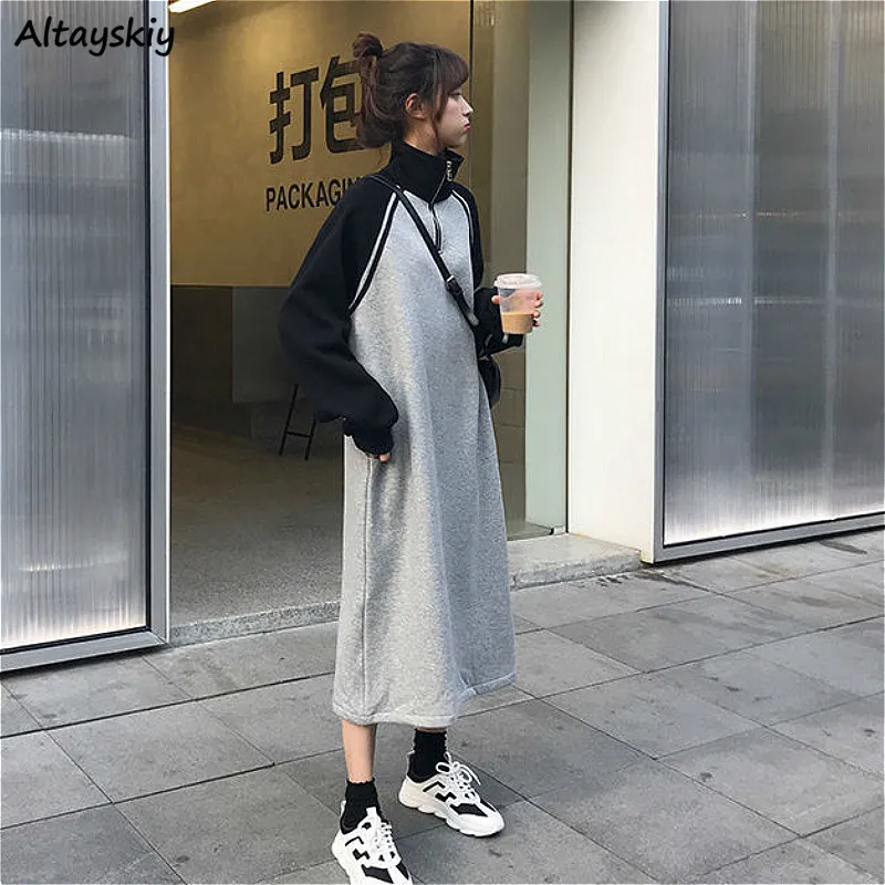 Long Sleeve Dress Women Daily All-match College Baggy Patchwork Lady Clothes Stand Collar Leisure Harajuku Thicker Cozy Casual