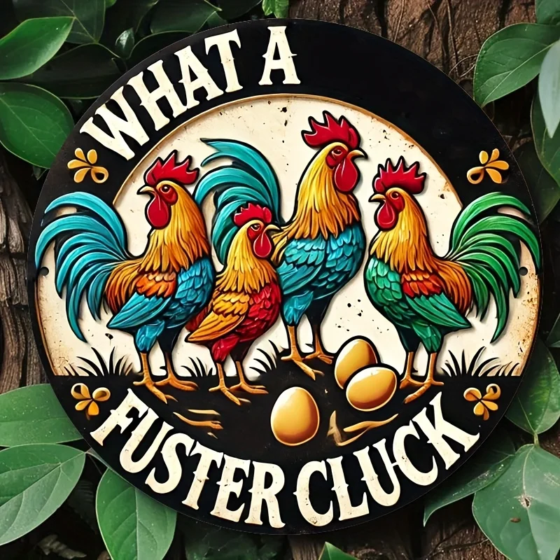 1 قطعة 8x8 بوصة "What A Fuster Cluck" علامة قصدير معدنية ملونة على شكل الديك - فن جداري دائري متين ومقاوم للرياح ومقاوم للماء من الألومنيوم