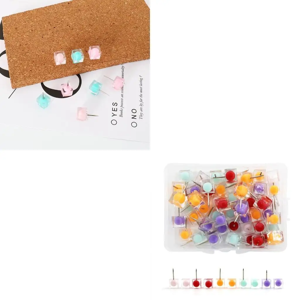 50 Pcs Thumb Map Tacks Pushpins Transparent Plastic Square for Head Decorative for Pictures Bulletin Board Corkbo