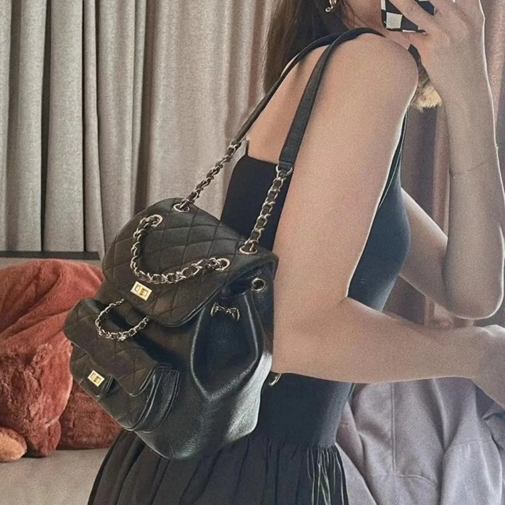 

Fashionable Versatile Women's Tweed Style Argyll Chain Backpack 2025 New Casual Niche Bookbag Soft Polyester Lining True Leather