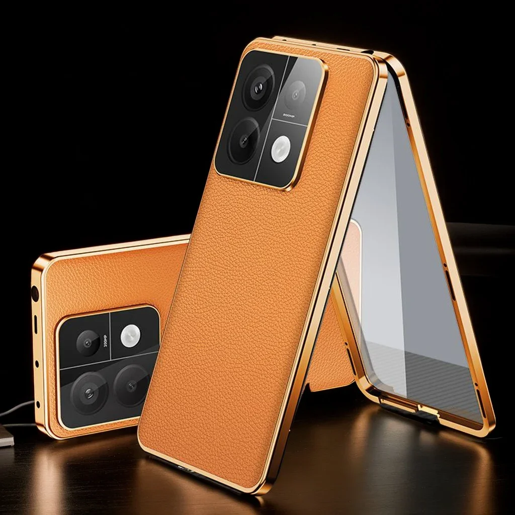 

360 ° Простая кожаная задняя панель, металлическое магнитное стекло, все включено, защитный чехол для Redmi Note 13 14 Pro Plus 5G, чехол для телефона