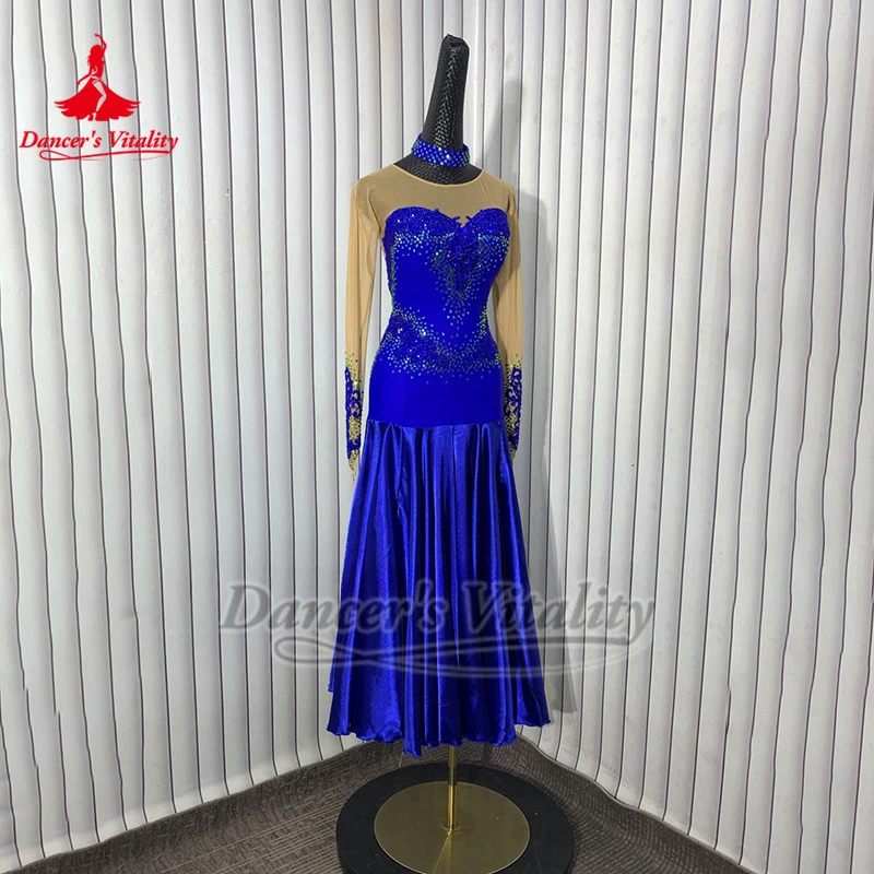 ชุดเต้นรำบอลรูมสีน้ำเงินสไตล์อเมริกันแบบพันรอบสะโพกสำหรับผู้หญิงผู้ใหญ่ ชุดวอลซ์มืออาชีพ ชุดนักเต้นสั่งตัดพิเศษ ให้ความมีชีวิตชีวา