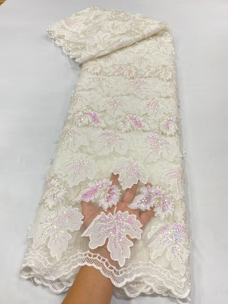 

Африканский нигерийский тюль с блестками, 2025 г., для выпускных платьев, кружевная ткань, вышивка бисером, сетчатая ткань, 5 ярдов, JL503