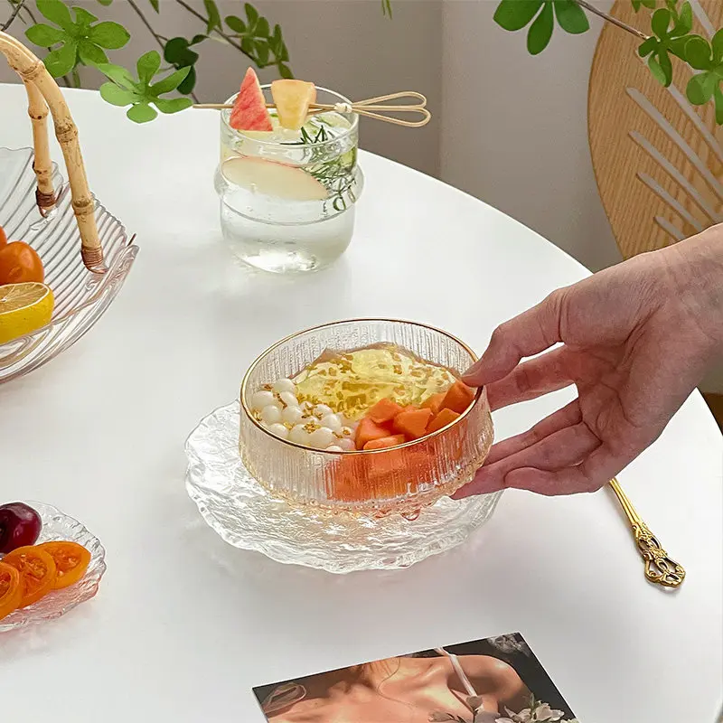 Japanese Style Glass Dessert Bowl Set 250ml Gold Edge Transparent Dinner Tableware Good-looking Porridge Bowl with Dish Scoop