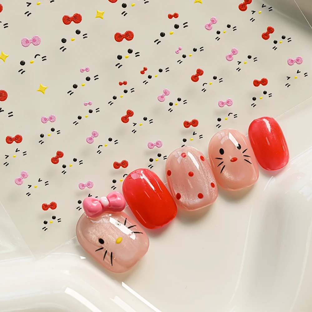 1 Uds. 5D macarrones arco gatito gato Kawaii pegatinas de uñas multi-expresión dibujos animados KITTY pegatina de uñas autoadhesiva colorida KT Slider