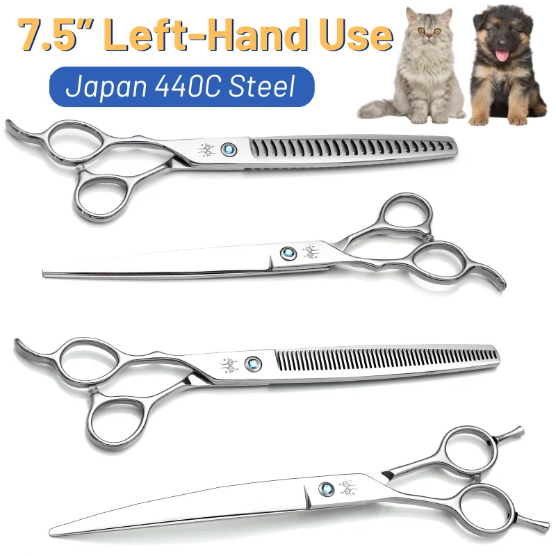 Yijiang 7.5in Professional Left Hand Pet Grooming Beauty Kit Gem Curved Thinning Chunker Shears Set Dog Hair Cutting Scissors