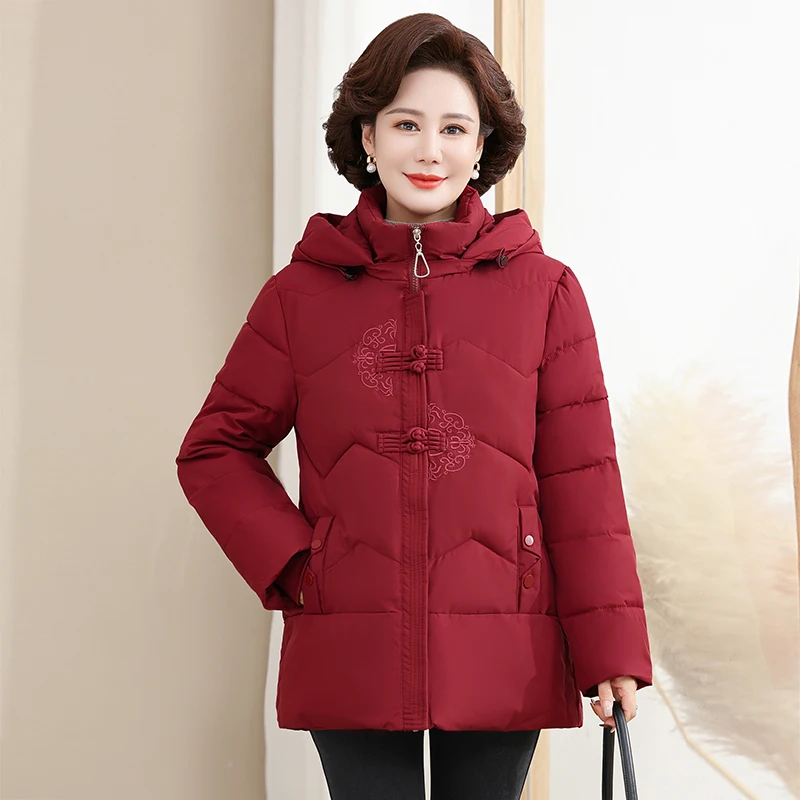 

Winter New Middle-Aged And Elderly Mother Temperament Fashion Embroidered Thick Cotton Jacket Women'S Casual Hooded Warm Coat