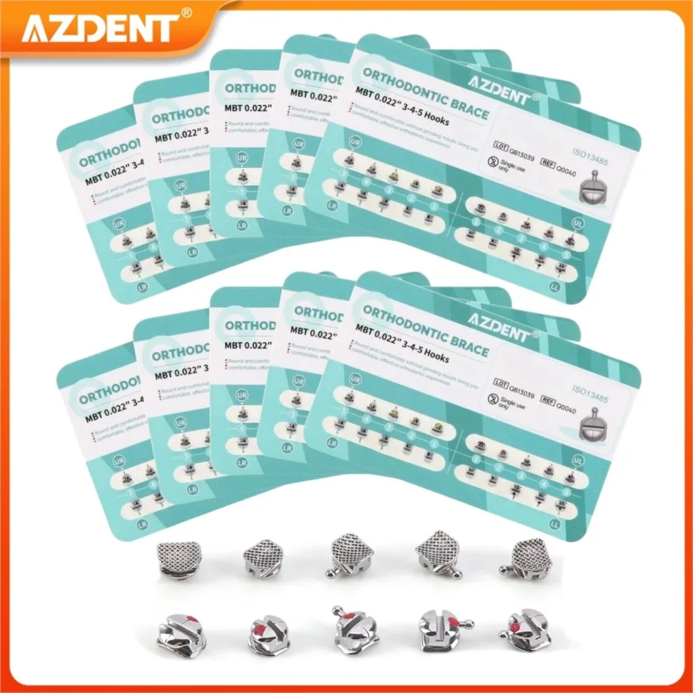 

10Packs Dental Orthodontic Brackets AZDENT Spherical Braces Round Ball Q-type Metal Roth MBT 0.022 with 345 Hooks