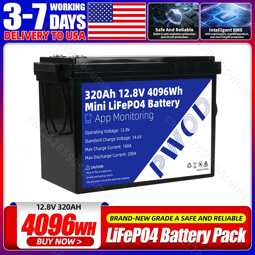 Grade A 12V 320AH Lifepo4 Battery 4096Wh Built-in 4S 200A BMS IP65 Protection ithium iron phosphate Cell Pack safety and environmental protection Rechargeable LFP batteries DIY 12V 48V For Outdoor Camping Home Energy Storage RV EV 8000+ Cycles