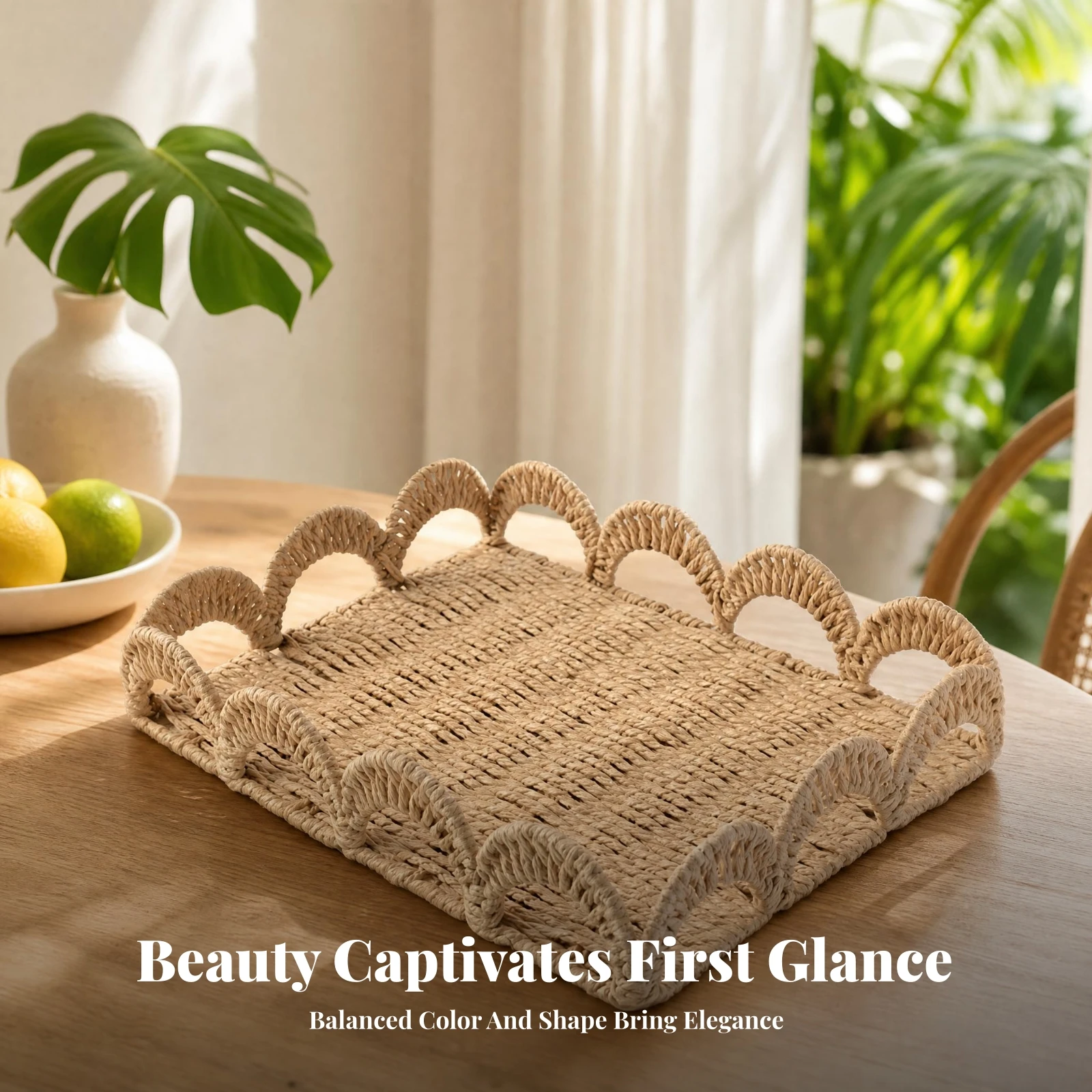 Eco-Friendly Handwoven Hand Woven Tray with Handles Houseware Scalloped Handle Tray
