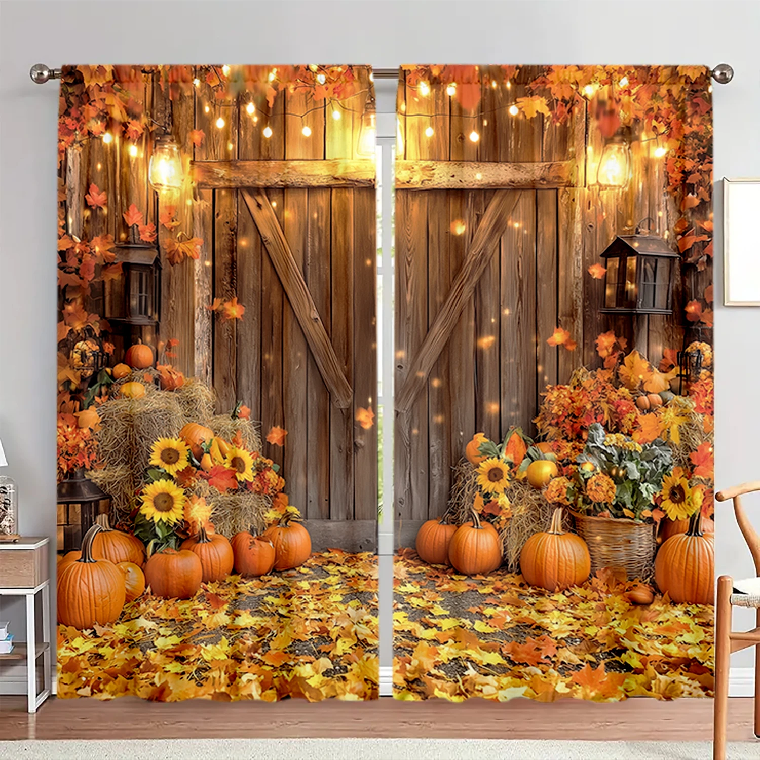 

2pcs Harvest Pumpkin Printed Curtain for Harvest Festival Home Decor - Rod Pocket Window Treatment for Bedroom, Office, Kitchen