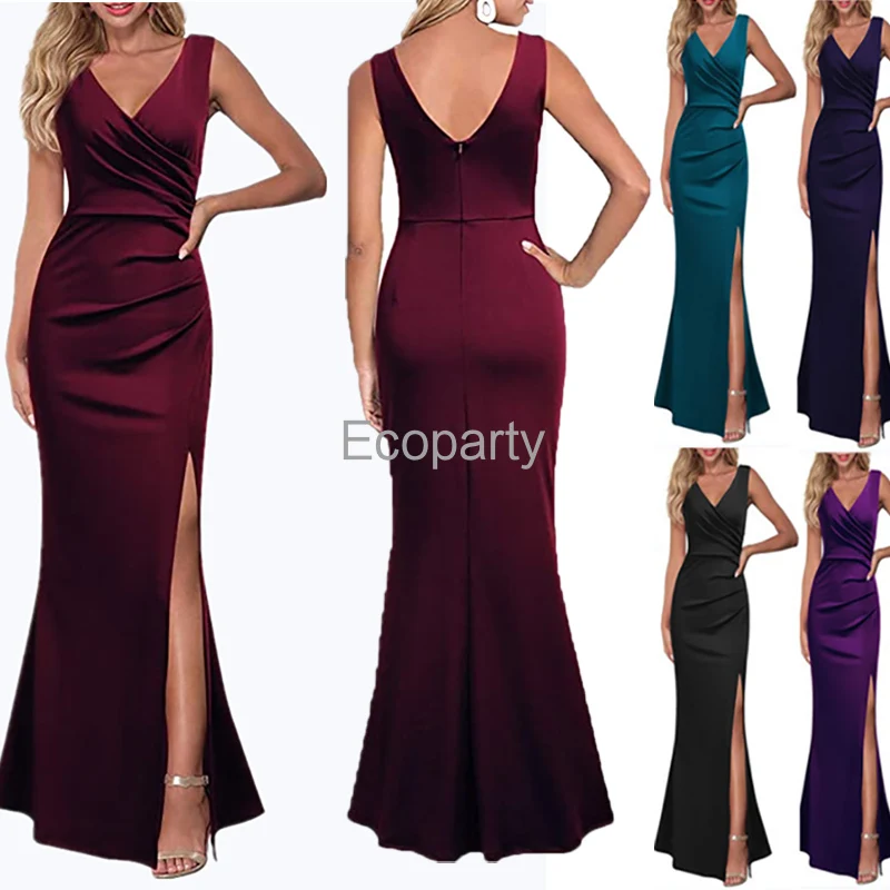 

2023 Summer Dresses For Women Fashion Solid Sleeveless V Neck High Split Evening Party Cocktail Formal Dress Sexy Slim Vestidos