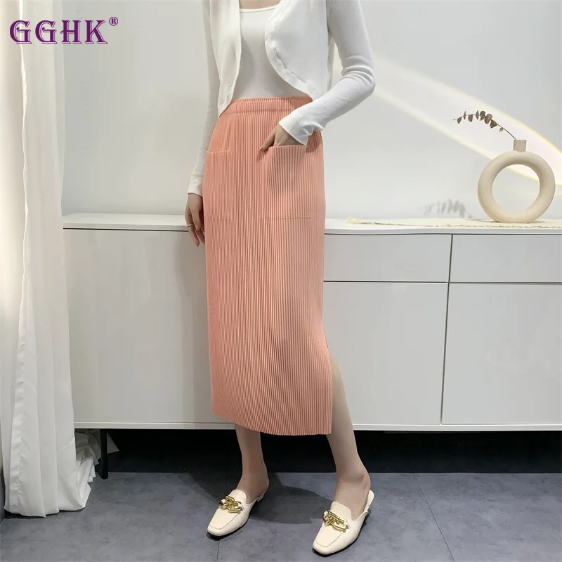 

GGHK Miyake Thickened Fabric Bustier 2023 Spring and Autumn New Solid Color Simple Temperament Commuter Pleated Skirt