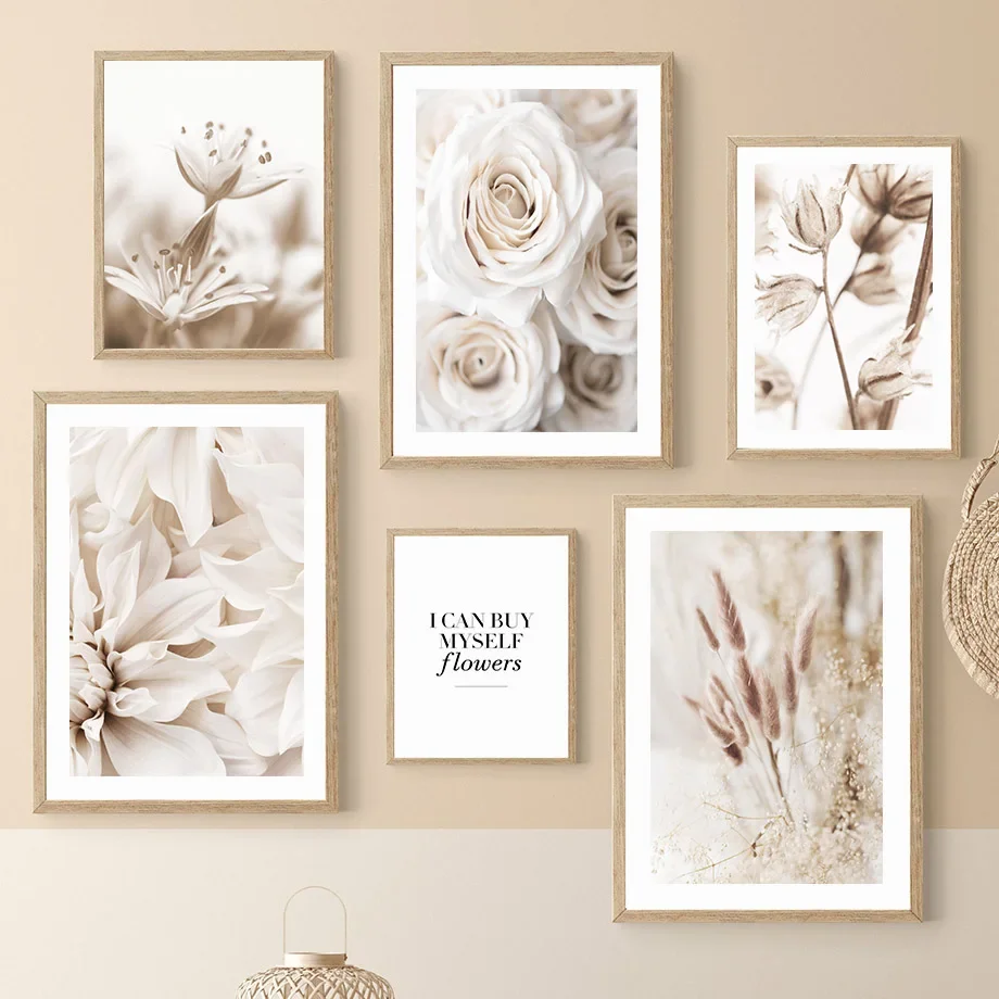 1 cuadro sobre lienzo sin marco, con motivos de diente de león, peonía y rosas, flores blancas, estilo minimalista, para decoración de paredes.