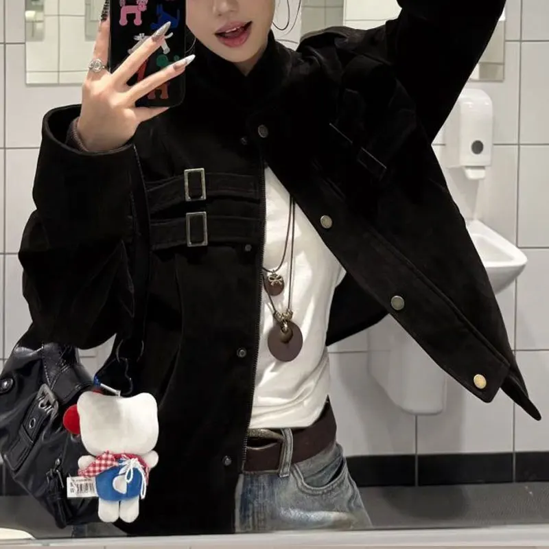 เสื้อแจ็คเก็ตวินเทจลายปะติดแฟชั่น สำหรับฤดูใบไม้ร่วงและฤดูหนาว คอตั้ง เสื้อผ้าผู้หญิง สีพื้น ทรงหลวม กระดุมแถวเดียว เสื้อโค้ทสั้น