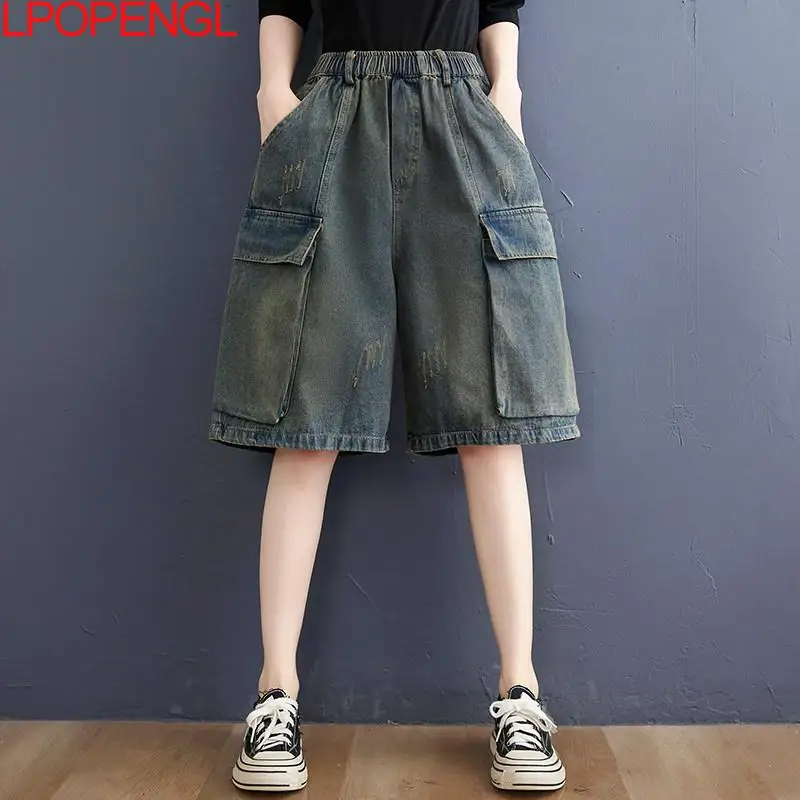Denim Shorts Women's Summer 2026 New Style Loose Oversized Personalized Large Pockets High Waist Denim Casual Wide Leg Shorts