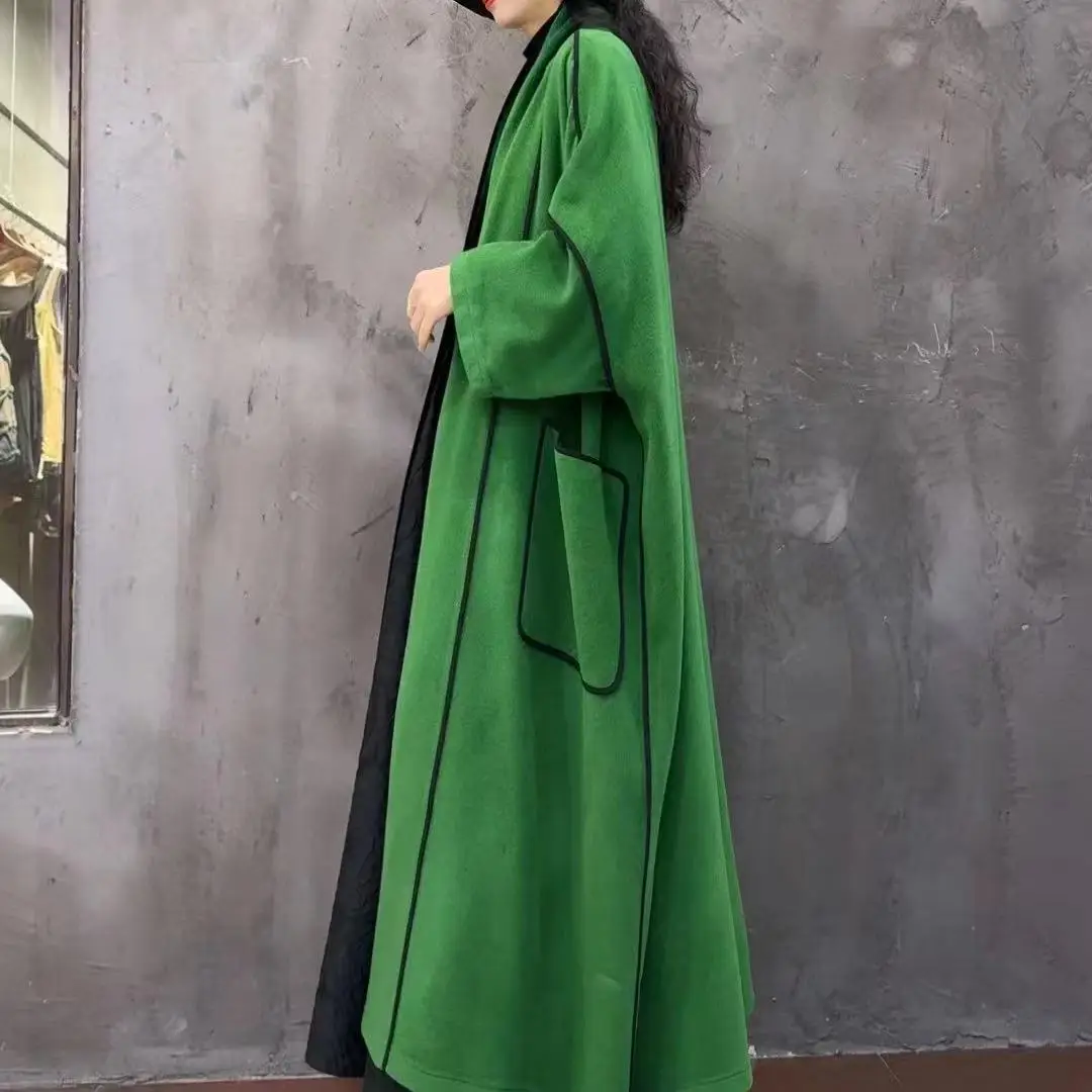 Vefadisa 2024 AutumnWinter New Green Women Wool Coat Stand Collar Batwing Sleeve Long Coat Simple Fashion All-match Coat ZXY854A