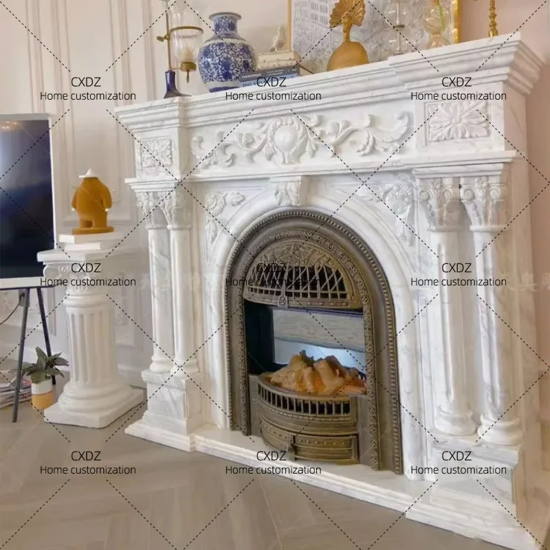XX Marble fireplace Roman column marble stone carving Jazz white living room stone fireplace