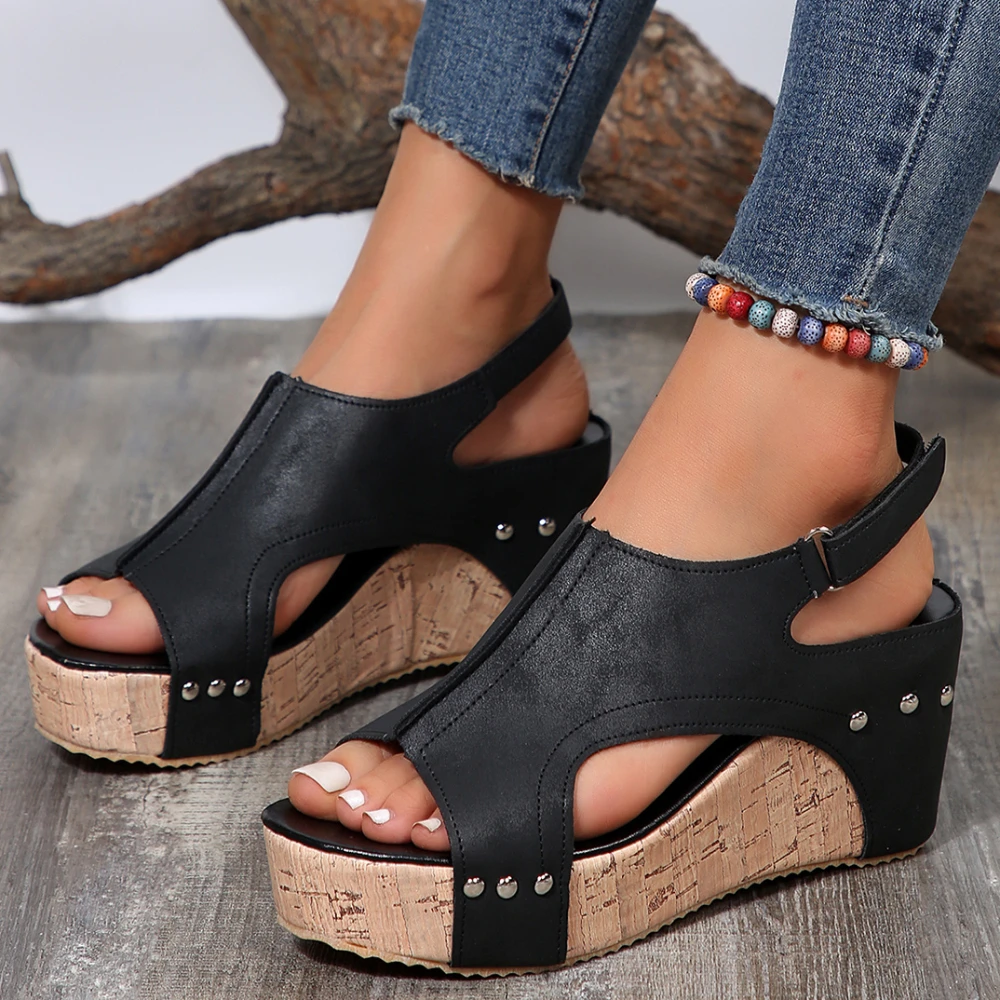 

New Casual Wedge Sandals Women Summer New Fashion Elegant Non-slip Platform Heels Women Rubber Sole Buckle Peep Toe Roman Shoes