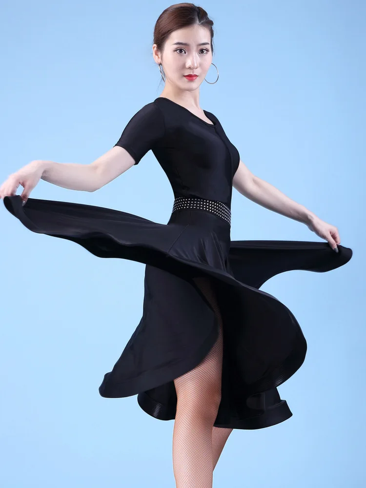 

Short Sleeve Latin Dance Women Dress Competition Girls Solid Color Ballroom Tango Clothes Ruffle Pole Practice Dresses
