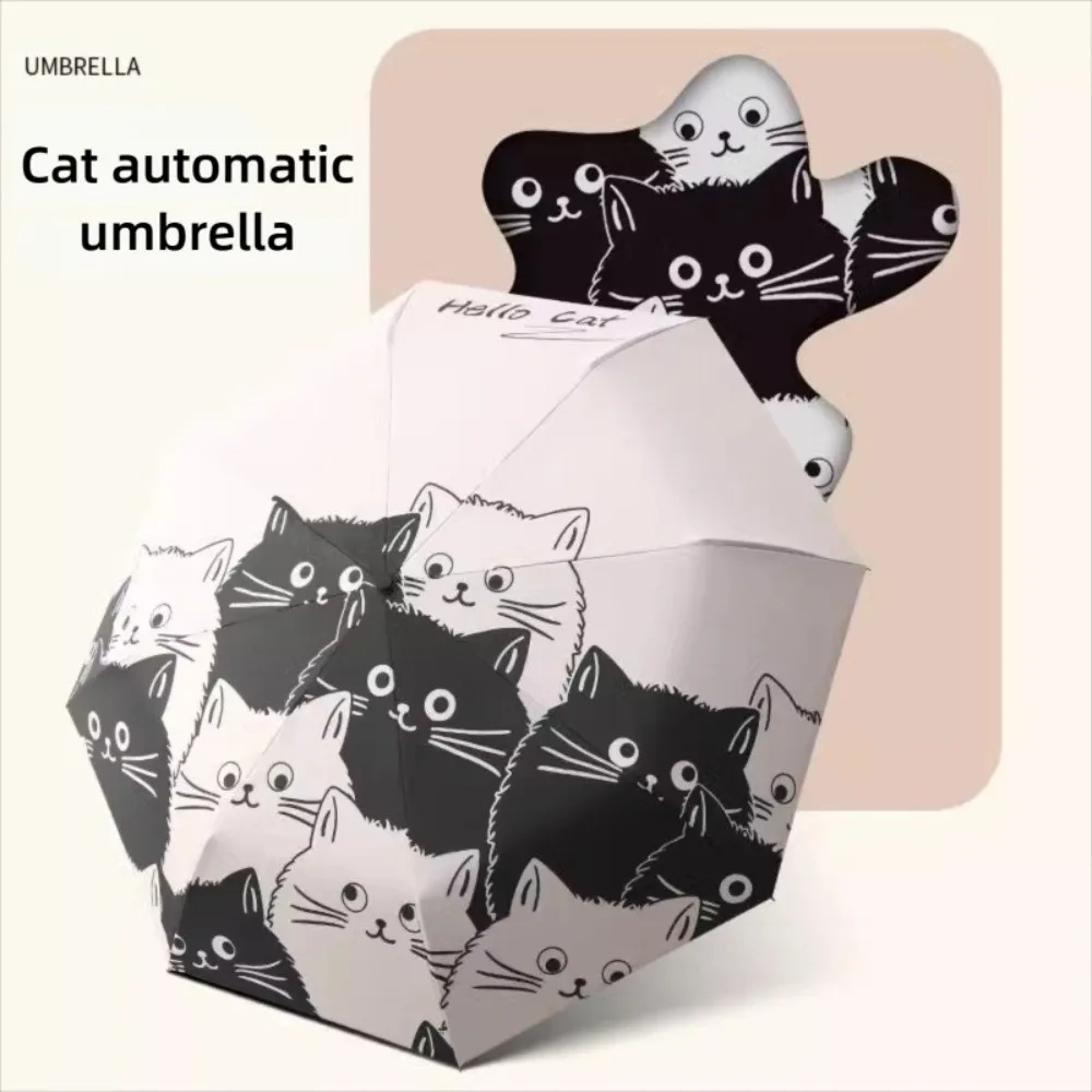 

Cartoon Cat Automatic Umbrella Rain or Shine Black and White Folding Travel Umbrella Portable Anti-UV