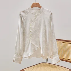 Chinese Style Women's Clothing Imitation Silk Jacquard Shirt Disk Buckle Stand-Up Collar Long Sleeved Loose Bottoming Blouse