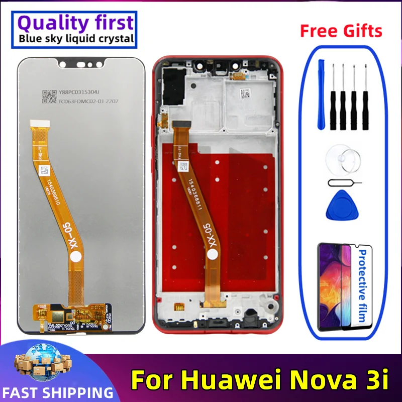 Mobile Phone Display Touch Screen Digitizer Assembly Replacement, Huawei Nova 3i LCD INE-LX1 INE-LX2, Original with Frame