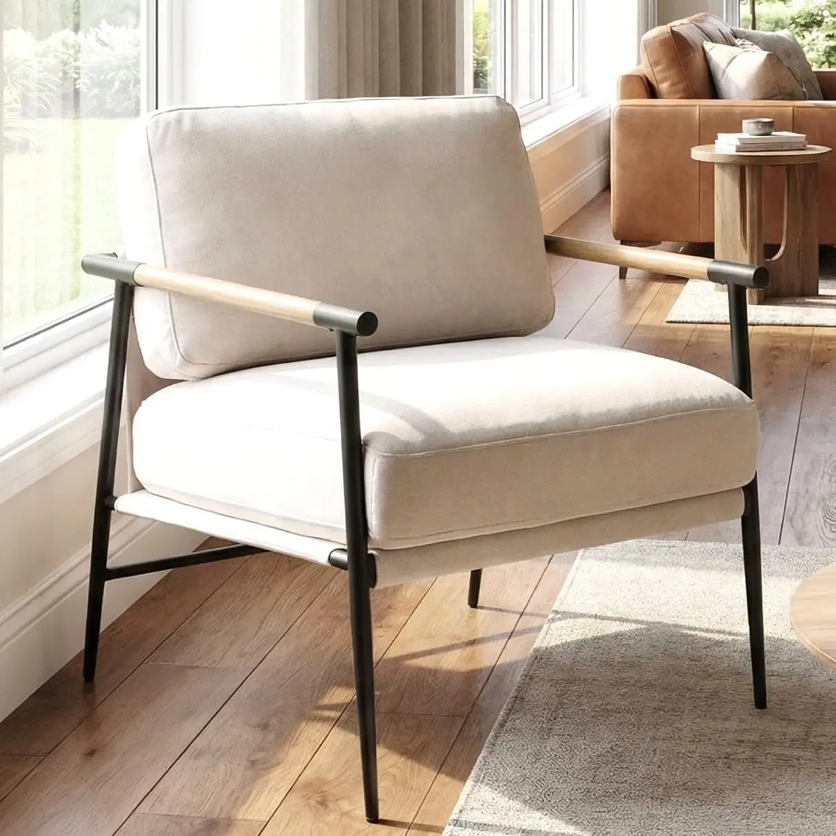 Beige Modern Accent Chair Chenille Upholstered Lounge Bedroom Chair with Metal Legs Comfy Lightweight Living Room Chair