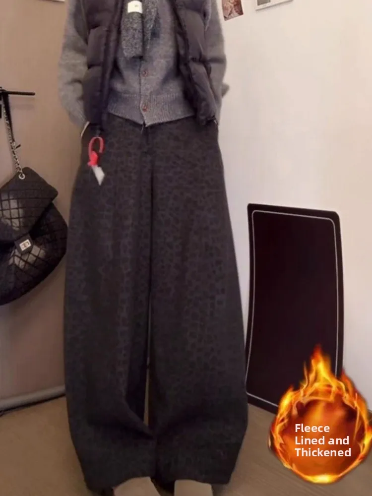 Retro leopardo impressão fce forrado calças casuais femininas outono inverno novo tamanho grande cintura alta solta emagrecimento drapeado perna larga...