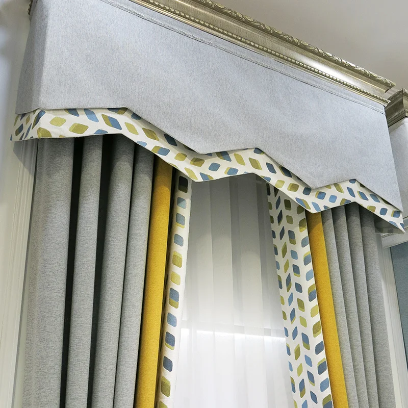 Custom curtain Nordic modern simple splicing grey yellow geometry Jacquard cotton blackout curtain valance tulle panel M1269