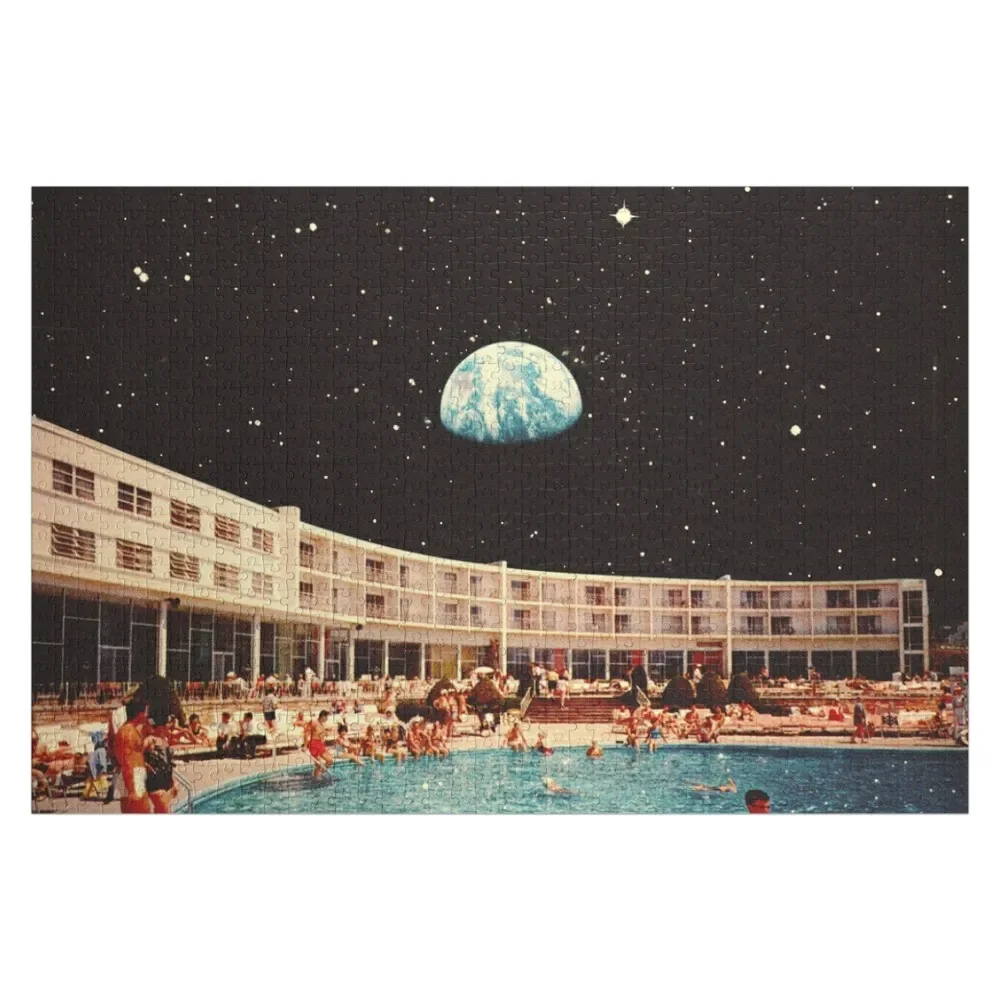 Lunar Pool Life - Retro-Futuristic Holiday Resort, Science Fiction Collage Jigsaw Puzzle Custom Wooden Name Puzzle