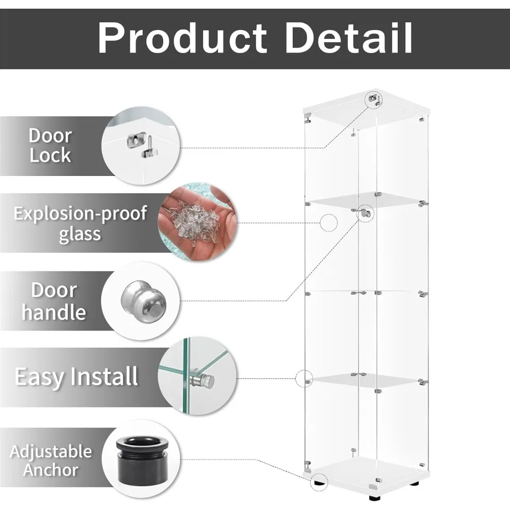 Glass Display Cabinet 4-Shelf With Door and Lock Cabinets for Living Room Furniture Living Room 64”x 17”x 14” White Showcase