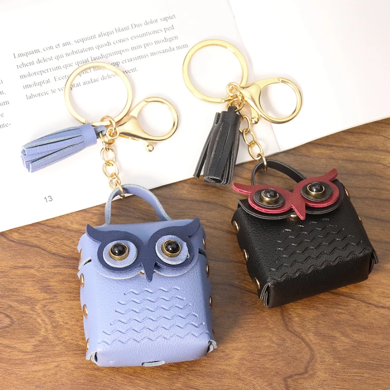 

Trend Leather Owl Bag Keychain Wisdom Animal Handbag Pendant Blue Black Purse Backpack Charms Tassel Mobile Woman Jewelry Gift