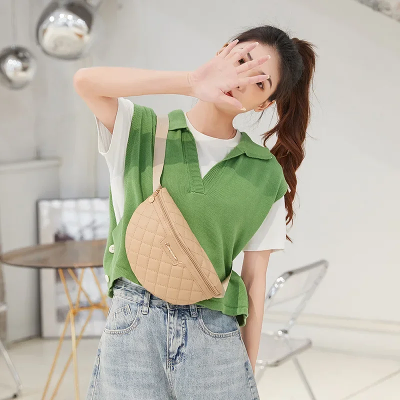 High-end and Versatile Lingge Embroidered Waist Bag with Casual Texture and Large Capacity Crossbody Chest Bag and Crescent Bag