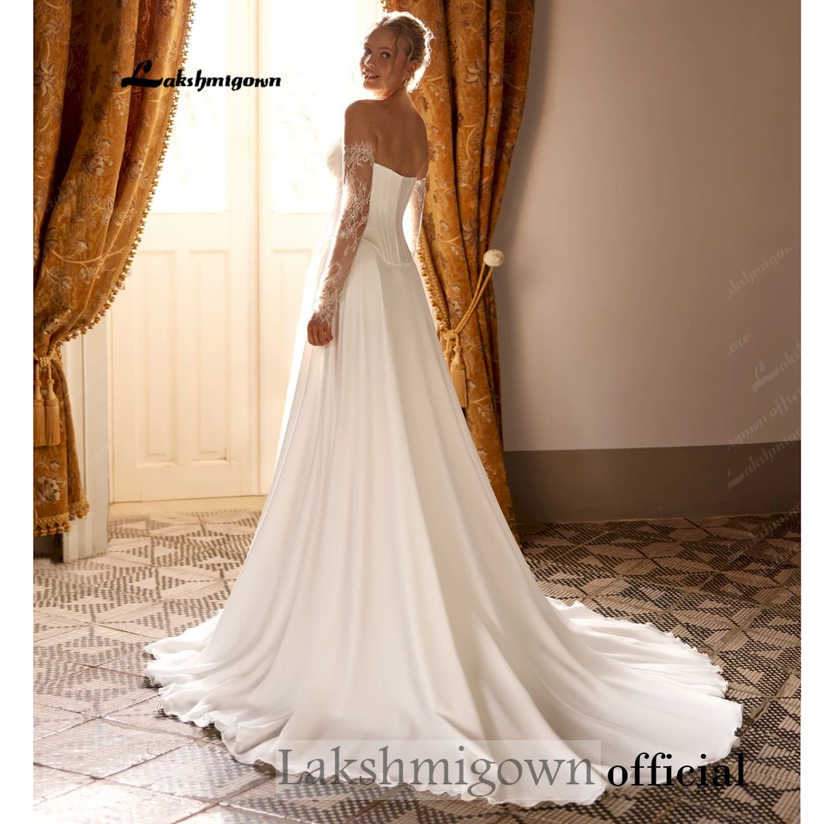 Lakshmigown Crepe-Satin-Hochzeitskleid 2027, trägerloses Korsett-Oberteil, abnehmbare Spitze, lange Ärmel, hoher Schlitz, A-Linien-Brautkleid – Detail 6