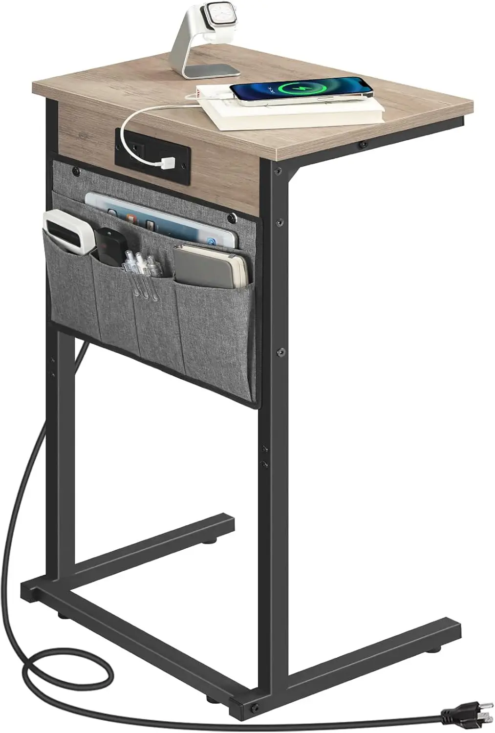 

C-образный торцевой столик с зарядной станцией, диван-стол высотой 28 футов для небольших помещений, выдвижной под диван с местом для хранения вещей, серый BG70USF01