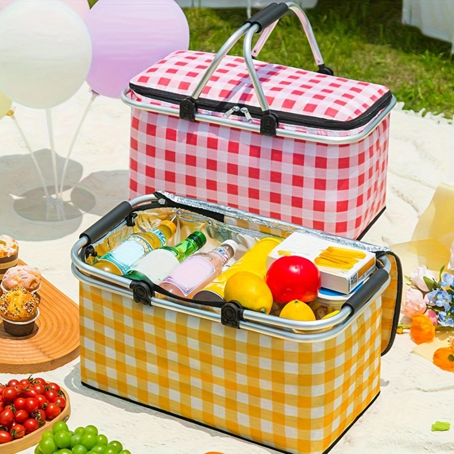 

1pc Foldable Picnic Basket, Portable Insulated Organizer With Metal Handle, For Hot And Cold, 7.93gal Large Collapsible Basket