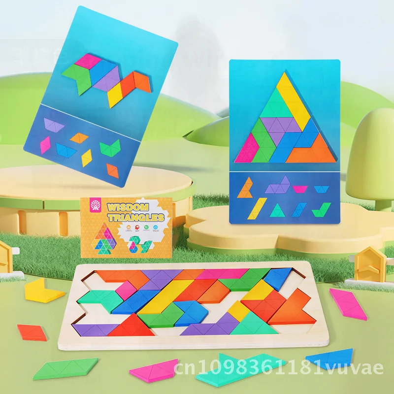 Quebra-cabeça tangram de madeira para crianças, educação precoce, jogo geométrico de inteligência cerebral, formato triangular, brinquedo de aprendizagem de cores