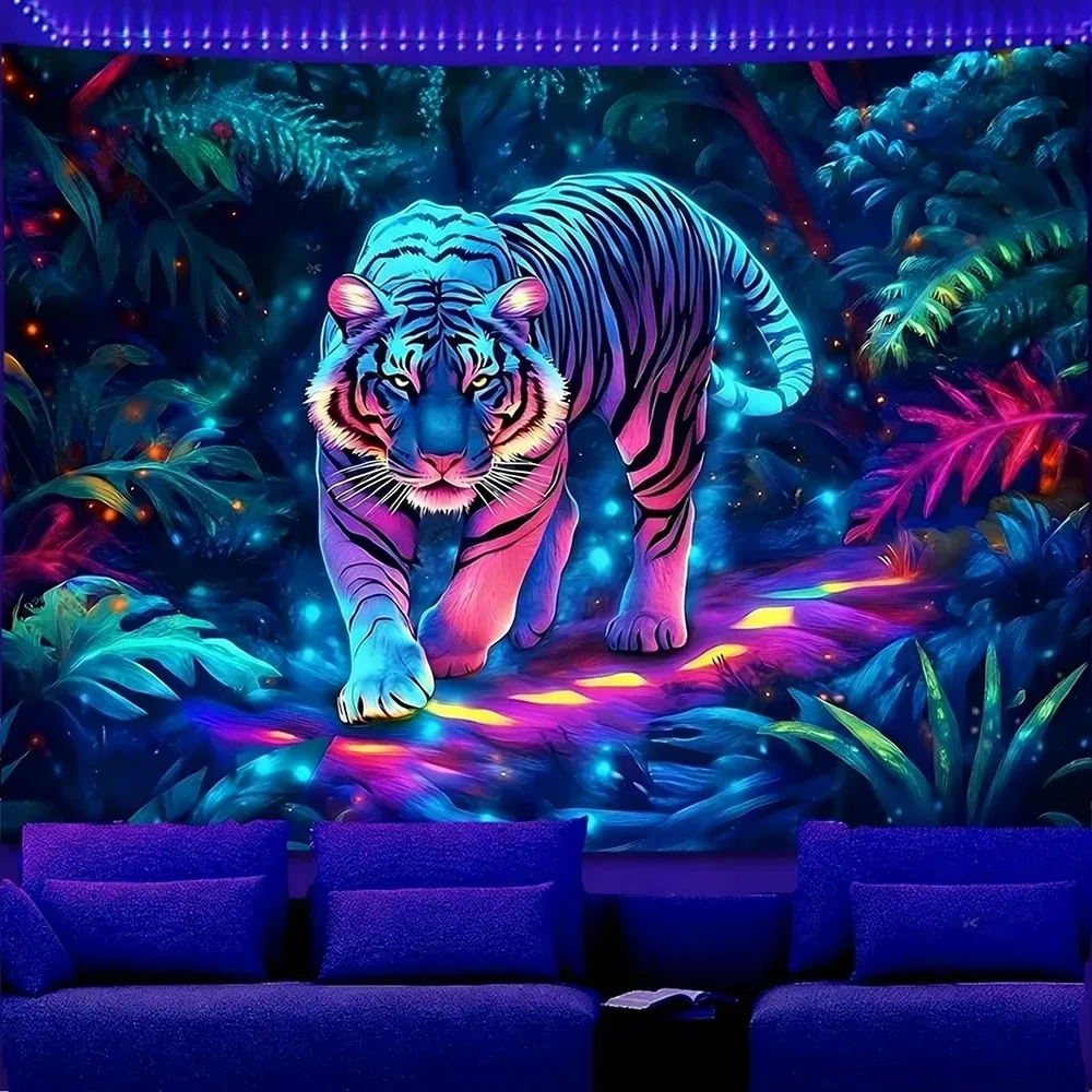 VIKAMA Neon Tiger Tapestry Fluorescent Jungle Wall Hanging Psychedelic Glow in Dark Art for Bedroom Game Room Decor