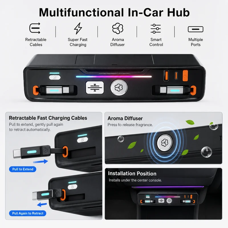 For Xiaomi SU7 Ultra Expansion Dock Aromatherapy Machine Retractable Cable Super Fast Charger Interior Modification Accessories