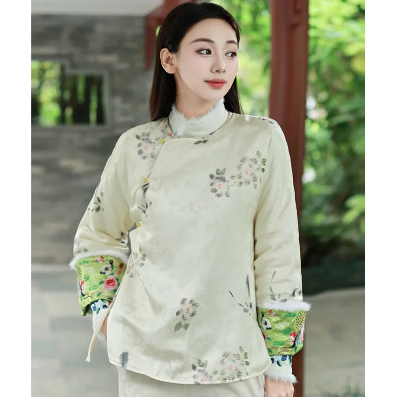 High-end Winter Women Warm Coat Retro Embroidery Elegant Lady Chinese New Year Patchwork Acetate Jacket Female S-XXL