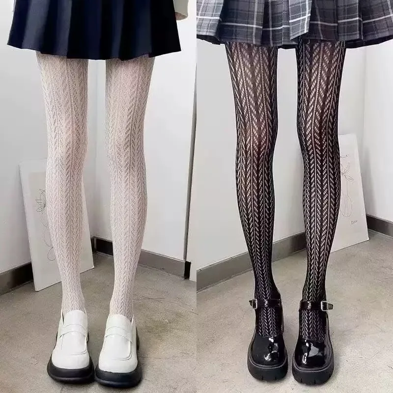 Female Fashion Hollow Out JK Pantyhose Girls Lolita Vintage  fish net Tights Sculpted Mesh Women Retro geometric pattern Legging