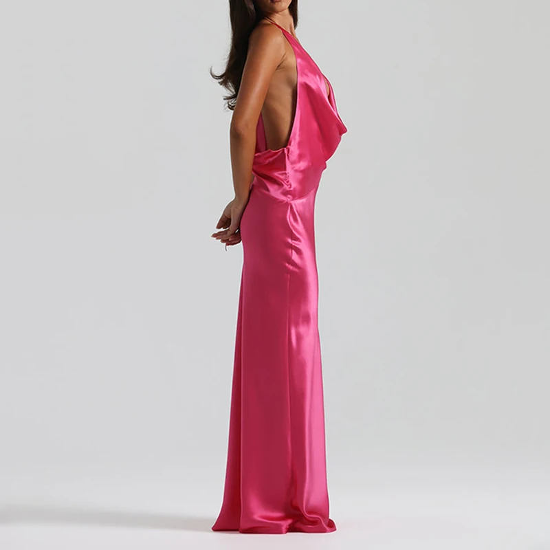 Fashion Hot Girl Solid Color Slim Dress Elegant Lady Backless Satin Party Long Dresses Sexy Swinging Collar Halter Evening Dress