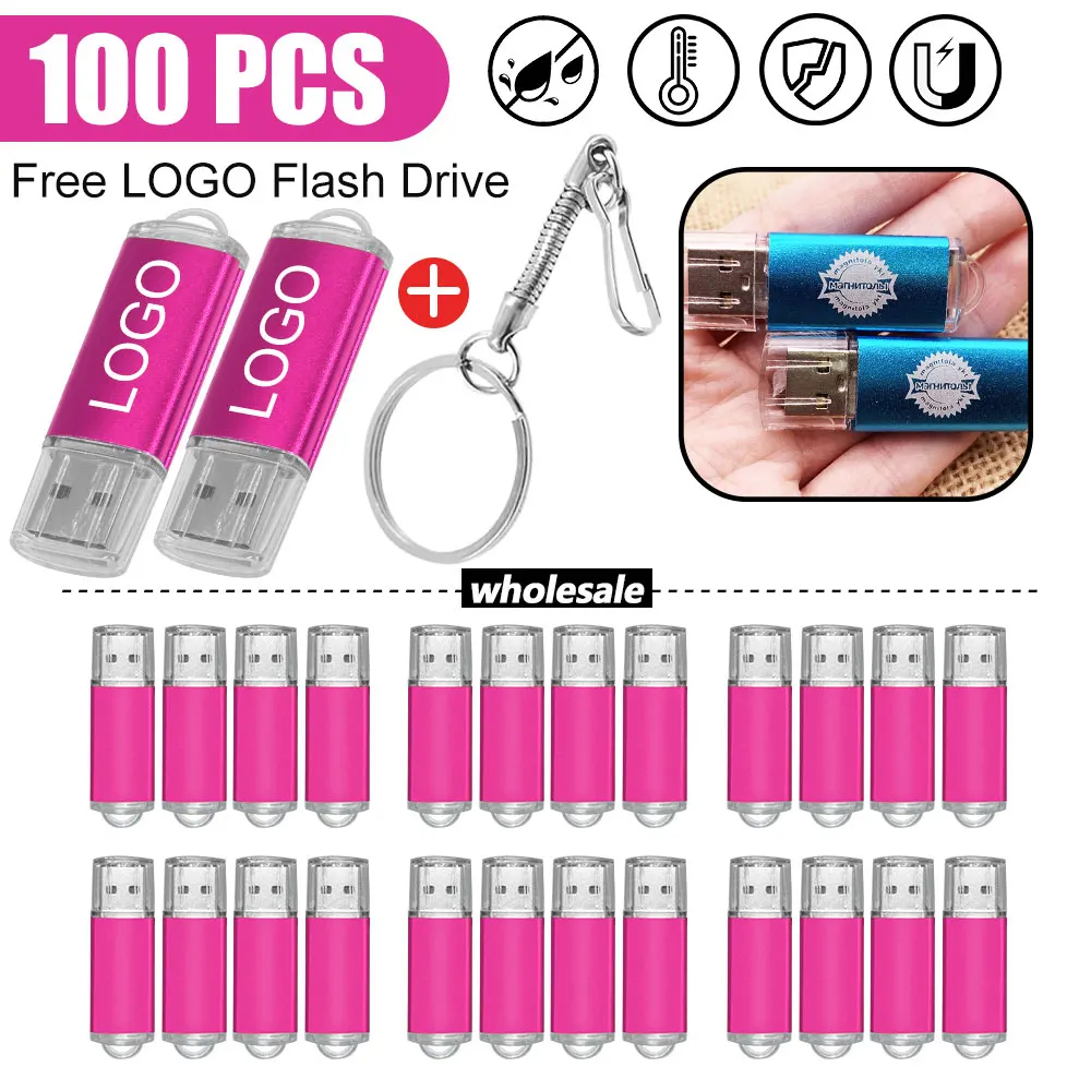 100 PCS LOT USB 2.0 Flash Drive 128GB Business Gift Pendrive 64GB Free Custom Logo USB Stick 32GB High Speed USB Stick 8GB