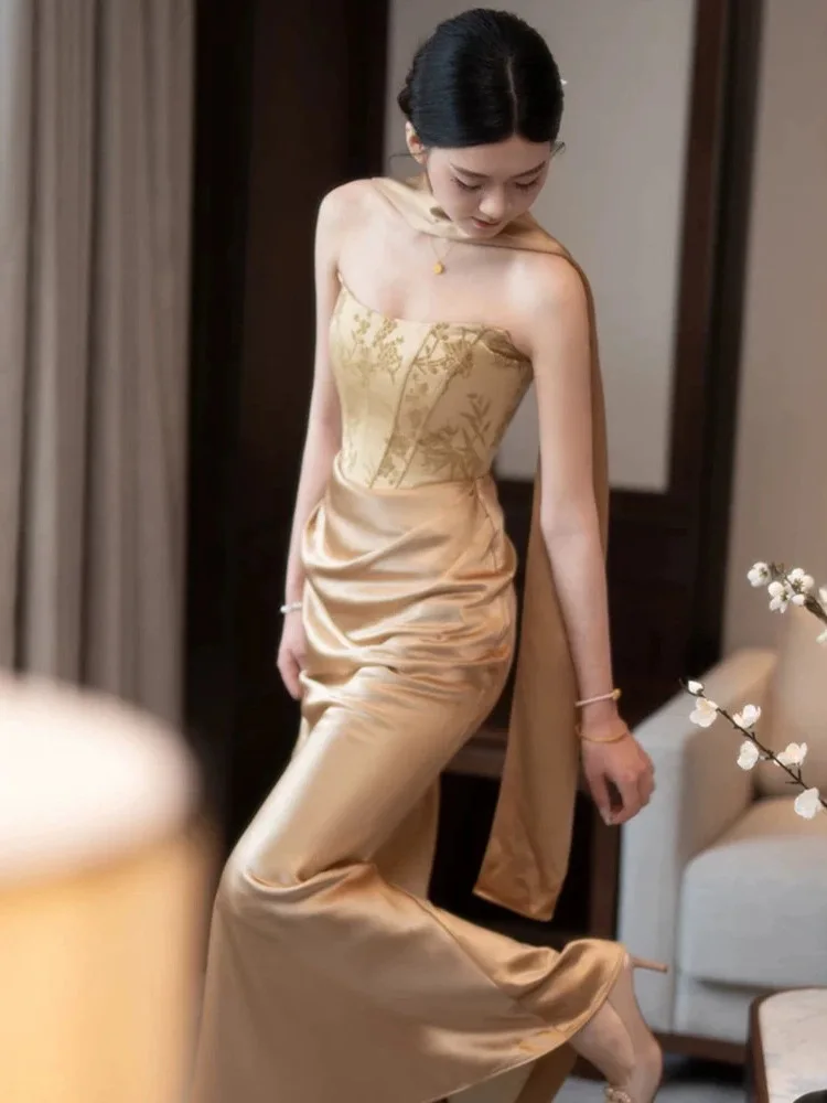 

Золотое свадебное платье: Элегантное вечернее платье из шифона с завышенной талией для женщин, для невесты, для свадебной церемонии и приема, в традиционном китайском стиле