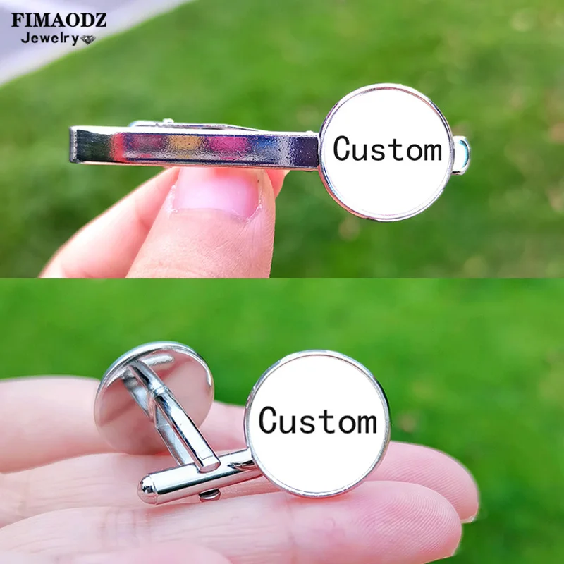 

Custom Tie Clip Personalised Logo for Men Name Photo Glass Cabochon Cufflinks Buttons for Wedding Party Gift