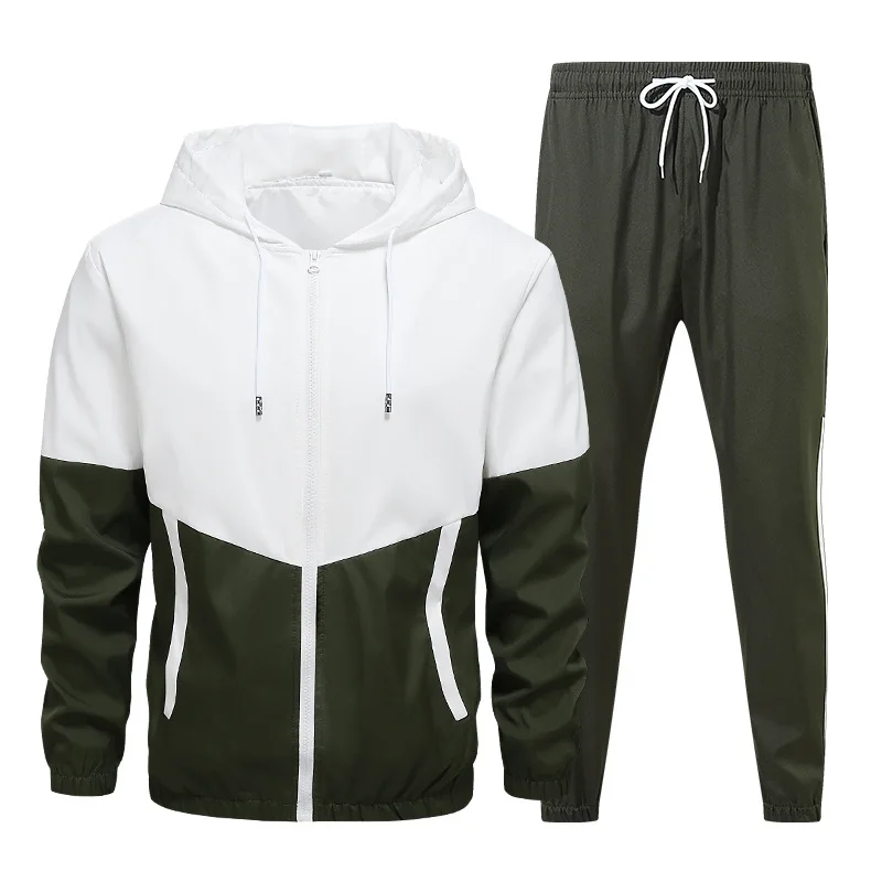 Casual Patchwork Tracksuit for Men Fashion Spring Autumn Hooded Zipper Jackets and Sweatpants Two Pieces Suits Male Sportswear